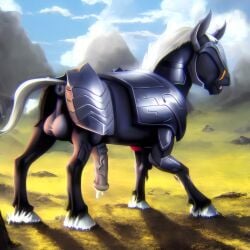 ai_generated armor big_balls big_penis blinders cum equine_penis feral genitals horsecock nature outdoors solo stable_diffusion stallion