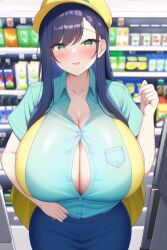 1girls ai_generated blue_hair blush breasts breasts_bigger_than_head bursting_breasts bust busty button_gap cleavage employee_uniform female female_only green_eyes hat huge_breasts human looking_at_viewer nai_diffusion original original_character shelf shirt short_sleeves skirt solo stable_diffusion store