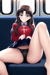 ai_generated black_panties blue_eyes fate/stay_night fate_(series) hair_down lingerie long_hair looking_at_viewer nai_diffusion naughty_face panties public_exposure school_uniform smile stable_diffusion tohsaka_rin white_panties