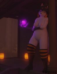 3d anthro boots canid canine clothing costume detailed_background digital_media_(artwork) female footwear fox fur genitals halloween hat headgear headwear hi_res holidays knee_highs knee_socks lamp lantern legwear magic mammal pussy slightly_chubby socks solo white_body white_fur
