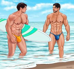 abs actor beach big_bulge bulge celebrity hairy_chest henry_cavill huge_bulge in_water male male_only medinart_(david_medina) muscles muscular muscular_male musician outdoors outside pecs real_person speedo steve_grand surfboard thick_thighs thong