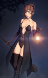 alexandria_(xenoblade) alternate_costume armpits bare_shoulders black_legwear black_leotard boots braid breasts brown_hair choker cleavage costume elbow_gloves french_braid gloves green_eyes halloween halloween_costume highres knee_boots lantern large_breasts leotard long_hair miura-n315 navel night nintendo smile thighhighs xenoblade_(series) xenoblade_chronicles_3