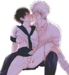 2boys age_difference alternate_costume alternate_version_available anus bar_censor black_hair blush breath bulge class_3-z crossdressing erect_nipples_under_clothes erection exposed_anus exposed_penis femboy french_kiss gay gay_kissing gintama gintoki_sakata glasses groping hand_under_clothes hand_under_shirt hijikata_toshiro imminent_sex kissing legs_held_open loose_socks male male_only mame_(pixiv) nipple_bulge official_alternate_costume panties_around_leg panties_down penis precum precum_drip puckered_anus school_uniform serafuku shirt_lift short_hair sitting skirt_lift skirt_up socks spread_legs sweat teacher teacher_and_student tongue_kiss white_hair yaoi