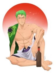 barefoot green_hair male_feet male_focus male_only muscular one_eye_closed one_piece roronoa_zoro scars solo_male the_naughty_gemini wano_country wine_bottle