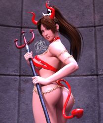 3d asian asian_female ass breasts brown_eyes brown_hair dat_ass demon demon_costume demon_girl demon_horns demon_tail devil devil_costume earrings fatal_fury halloween halloween_costume king_of_fighters large_ass large_breasts looking_at_viewer mai_shiranui pitchfork