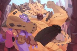 activision anthro balls belt belt_pouch big_penis black_penis clothed clothing dragon duo erection erection_under_clothing flexing_bicep genitals glans happy huge_cock kunn_(artist) magnus_(spyro) male male/male mountain penis penis_size_difference purple_body scalie size_difference spyro spyro_the_dragon surprise tenting vein veiny_penis video_games