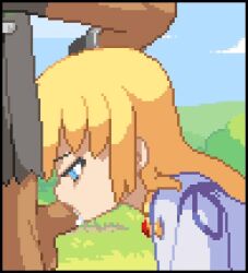 2d 2d_animation animated blonde_hair blowjob blue_eyes colette_brunel cum_in_mouth fellatio gif girl kyrieru pixel_animation