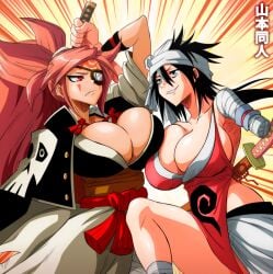 2d 2d_(artwork) 2girls annoyed baiken bandage belt big_breasts black_hair bleach clothed clothed_female crossover eye_patch female_only ffm_threesome grey_eyes guilty_gear headband kimono kukaku_shiba long_hair one_arm pink_hair ponytail red_eyes samurai shounen_jump tattoo thick_thighs yamamoto_doujin