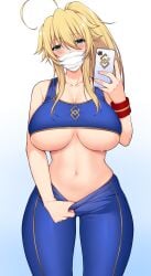 1girls artoria_pendragon_(lancer) big_breasts big_thighs blonde_hair blush breasts busty cellphone fate/grand_order fate_(series) female female_only huge_breasts huge_thighs large_breasts large_thighs mask navel nekosama_shugyouchuu phone ponytail selfie thick_thighs thighs turquoise_eyes underboob voluptuous