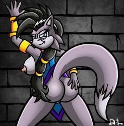 2016 against_surface against_wall anthro archie_comics armlet armor ass berty-j-a big_breasts black_hair black_nose blue_clothing blue_eyes bottomless bottomless_anthro bottomless_female bracers breasts canid canine canis clothed clothing female fur gold_armlet grey_body grey_fur hair looking_at_viewer looking_back lupe_the_wolf mammal nipples pink_nipples ponytail presenting presenting_hindquarters sega smile solo sonic_(series) sonic_the_hedgehog_(archie) sonic_the_hedgehog_(comics) sonic_the_hedgehog_(series) wall_(structure) wolf