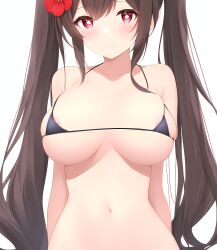 1girls ai_generated areola_slip bikini bikini_bottom_only black_bikini blush breasts brown_hair closed_mouth cowboy_shot female female_only genshin_impact highres hu_tao_(genshin_impact) human light-skinned_female light_skin long_hair looking_at_viewer medium_breasts nai_diffusion red_eyes side-tie_bikini_bottom simple_background skindentation smile solid_color_background solo stable_diffusion stlow7 string_bikini swimsuit symbol_in_eye twintails very_long_hair white_background