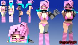 1girls 3d :3 alice_star_(supertwit) big_ass big_breasts bionic_arm bionic_leg bra breasts character_profile cleavage collar commission female female_only glasses horny_female humanoid large_breasts looking_at_another looking_at_viewer mine-imator minecraft multicolored_hair no_humans panties red_eyes smile solo stockings supertwit tagme