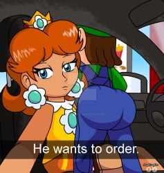 1boy 1girls annoyed annoyed_expression ass_focus bubble_ass bubble_butt female funny he_wants_to_order luigi luigikittykat mario_(series) mario_tennis meme nintendo princess_daisy selfie snapchat text