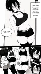 1boy 1girls ai_generated black_hair blush breasts choker comic edit english_text female gym gym_clothes gym_shorts inusanjp midriff monochrome muscular muscular_male nai_diffusion navel nervous nervous_smile original original_character ponytail shorts smile sports_bra sportswear stable_diffusion story straight text_bubble thick_thighs thighhighs