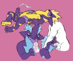 amped_toxtricity anthro bodily_fluids cum duo generation_8_pokemon genital_fluids genitals human interspecies irrisorie low_key_toxtricity male male/male male_only mammal masturbation nintendo penis pokemon pokemon_(species) pokephilia purple_body sex simple_background sucking tongue tongue_out toxtricity video_games