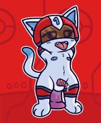 absurd_res animal_crossing animal_genitalia animal_penis anthro armor balls blush blush_lines bodily_fluids crouching cum cum_on_penis cute_fangs dildo dildo_insertion dildo_sitting domestic_cat felid feline feline_penis felis fur genital_fluids genitals hands_behind_head headgear helmet hi_res kid_cat_(animal_crossing) lube lube_on_sex_toy male mammal maskedfurry mostly_nude nintendo nipples penetration penile_spines penis pink_tongue sex_toy sex_toy_insertion simple_background solo tongue tongue_out tuft video_games white_body white_fur