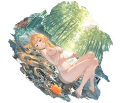 bamboo blonde_hair blue_eyes long_hair lying_on_back lying_on_ground medium_breasts mirin_(granblue_fantasy) nipples nude nude_female parasol thighs