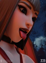 1girls between_breasts black_eyes black_hair cemetery choker female fortnite fortnite:_battle_royale graveyard halloween lipstick night open_mouth saliva saliva_drip saliva_on_tongue saliva_string saliva_trail salivating smile smiling solo solo_female spit tie tongue tongue_out vampire vivica_saint_(fortnite) white_skin wings zodros