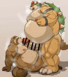 2022 2boys anthro balls belly big_belly big_penis blush bodily_fluids bowser brown_body brown_fur canid canine cum cum_in_mouth duo erection fur gay genitals huge_cock kemono koopa kotobuki male male/male male_only mammal mario_(series) moobs musk nintendo nipples oral overweight overweight_male penis raccoon_dog scalie sweat tanuki video_games