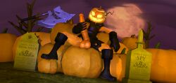 axe big_breasts big_penis boots dick dickgirl futa_only futanari giant gloves halloween horseless_headless_horsemann masturbation night pumpkin pumpkin_head ripped_clothing solo taller_girl team_fortress_2 thick_thighs tombstone translucent_body tree