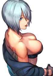 1girls angel_(kof) bangs big_breasts black_jacket blue_eyes bra breasts busty cropped_jacket female female_only fingerless_gloves gloves hair_over_one_eye hinoru_saikusa jacket king_of_fighters king_of_fighters_xiv large_breasts leather leather_jacket long_sleeves looking_at_viewer looking_back open_clothes open_jacket sideways_glance smile snk solo strapless strapless_bra toned tongue tongue_out underwear unzipped white_hair