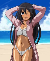 1girls arms_behind_head beach big_breasts bikini black_hair blue_eyes breasts busty captain_earth cleavage coat female female_only large_breasts legs long_hair mutou_hana navel ocean one_eye_closed open_clothes open_coat pose smile solo swimsuit tan thighs twintails water wbd white_bikini wink