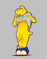 2022 anthro balls band-aid bandage belly big_balls big_penis bodily_fluids bottomwear bottomwear_down clothed clothing flaccid footwear gay genitals grey_background hi_res hollo_nut hoodie humanoid_genitalia humanoid_penis koopa koopa_troopa koops looking_at_viewer male male_only mario_(series) navel nintendo nipples non-mammal_balls non-mammal_nipples outline pants pants_down paper_mario partially_clothed penis raised_clothing raised_hoodie raised_topwear reptile scalie shadow shoes simple_background slightly_chubby smile solo standing sweat sweatdrop topwear turtle underwear underwear_down video_games