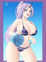 1girls all_hail_lord_rimuru alternate_version_available big_breasts bikini bikini_bottom bikini_top blue_slime breasts cameltoe cleavage female female_focus horn huge_breasts katopan nail_polish nails open_mouth ponytail purple_bikini purple_eyes purple_hair purple_nail_polish purple_nails rimuru_tempest shion_(tensei_shitara_slime_datta_ken) slime swimsuit swimwear tensei_shitara_slime_datta_ken thick_thighs thighs