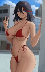 1girls bikini black_hair blue_eyes breasts cleavage female female_only grin hips huge_breasts kill_la_kill light-skinned_female light_skin matoi_ryuuko peace_sign red_bikini short_hair side_tie_bikini slim_waist smile studio_trigger thick_thighs thighs wide_hips zaphn