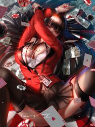 big_breasts black_hair black_socks blazer hair_spread_out jabami_yumeko kakegurui liang_xing money necklace poker_chip red_eyes red_fingernails school_uniform skirt socks thigh_socks thighhighs thighs watermark