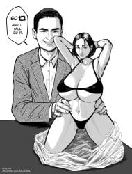 abigail_shapiro armpits arms_behind_head arms_up ben_shapiro bikini brother_and_sister brown_hair derivative_work figurine huge_breasts jiragora kneeling male monochrome necklace pearl_necklace short_hair simple_background