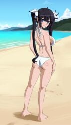 1girls ass beach big_breasts bikini black_hair blue_eyes breasts busty dungeon_ni_deai_wo_motomeru_no_wa_machigatteiru_darou_ka feet female female_only hestia_(danmachi) highres large_breasts legs long_hair looking_at_viewer looking_back makeup ocean pink_lips pose sideboob smile solo swimsuit thighs twintails water wbd white_bikini