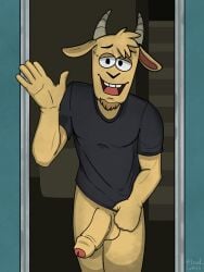 anthro bodily_fluids bottomless bovid caprine cartoon_network clothed clothing covering covering_self facial_hair foreskin goat goatee hi_res horn intact lewd_latte male male_only mammal nervous nervous_smile regular_show shirt solo stairs sweat thomas thomas_(regular_show) topwear uncircumcised uncut warner_brothers