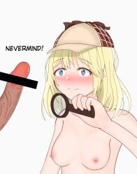 1boy 1girls bar_censor big_penis blank_background blonde_hair blue_eyes blush breasts censored censored_penis deep_blush detective_hat english_text erect eyebrows_visible_through_hair female female_focus hat heart-shaped_pupils hololive hololive_english hololive_myth horny_female human kiri_yukino light-skinned_female light_skin looking_at_another looking_at_penis magnifying_glass medium_hair nipples nude nude_female penis penis_awe simple_background small_breasts solid_color_background text virtual_youtuber watson_amelia white_background