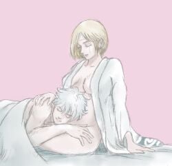 1boy 1girls blonde_hair bob_cut cleavage colored_sketch facial_scar female gintama gintoki_sakata hair_down head_on_lap in_bed intimate kuwabatake40 lying_on_person male medium_breasts on_bed open_clothes open_kimono pink_background pregnant short_hair smile tsukuyo wearing_others_clothes wholesome