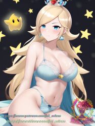 1girls ai_generated big_breasts blonde_hair blue_bra blue_eyes blue_panties bra busty cleavage female female_only hair_over_one_eye large_breasts legs long_hair looking_at_viewer luma mario_(series) nai_diffusion navel nintendo panties princess_rosalina stable_diffusion super_mario_galaxy thighs
