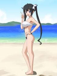 1girls beach big_breasts bikini black_hair blue_eyes breasts busty dungeon_ni_deai_wo_motomeru_no_wa_machigatteiru_darou_ka feet female female_only from_side hand_on_hip hestia_(danmachi) highres large_breasts legs lipstick long_hair looking_at_viewer makeup ocean pink_lips pink_lipstick pose sideboob smile solo swimsuit thighs thong_bikini twintails v water wbd white_bikini