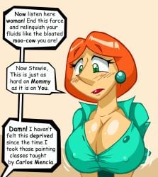 1girls big_breasts chadrocco cleavage dialogue earrings family_guy female green_eyes huge_breasts lipstick lois_griffin nipple_outline orange_hair stewie_griffin