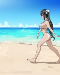 1girls beach big_breasts bikini black_hair blue_eyes breasts busty dungeon_ni_deai_wo_motomeru_no_wa_machigatteiru_darou_ka feet female female_only from_side hestia_(danmachi) highres large_breasts legs lipstick long_hair makeup ocean pink_lips sideboob smile solo swimsuit thighs twintails voluptuous walking water wbd white_bikini