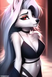 1girls ai_generated breasts furry furry_female hardboildchicken helluva_boss legofreak446 long_hair loona_(helluva_boss) midriff red_eyes white_hair wolf_ears wolf_girl wolf_tail