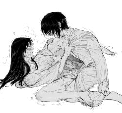 2boys bite_mark blush erection gay gintama holding_penis katsura_kotarou long_hair long_hair_male looking_at_another luolou male male_only messy_hair monochrome on_back open_clothes penis smile sweat takasugi_shinsuke toned toned_male yaoi