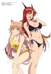 2022 2girls big_breasts bikini black_bikini breasts brown_hair cat_ears cat_girl cat_humanoid cat_tail catgirl dragon_girl emt_squared female female_only green_eyes half-closed_eyes half_naked highres horn kanade_(yuusha_party_wo_tsuihou) long_hair long_horn long_tail magazine_scan megami_magazine official_art open_mouth red_eyes red_hair scan tania_(yuusha_party_wo_tsuihou) yamamoto_shuuhei yellow_bikini yuusha_party_wo_tsuihou_sareta_beast_tamer_saikyoushu_no_nekomimi_shoujo_to_deau