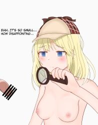 1boy 1girls bar_censor blonde_hair blue_eyes breasts censored censored_penis detective_hat dialogue english_text eyebrows_visible_through_hair female hat hololive hololive_english hololive_myth human kiri_yukino light-skinned_female light_skin magnifying_glass medium_hair nipples nude nude_female penis small_breasts small_penis small_penis_humiliation solid_color_background text virtual_youtuber watson_amelia white_background