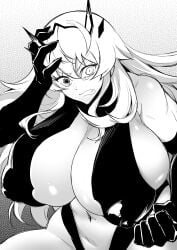 1girls barghest_(gawain)_(fate) big_breasts breasts breasts_bigger_than_head busty cleavage fan_(f.w.zholic) fate/grand_order fate_(series) female female_only giant_breasts huge_breasts long_hair monochrome navel nipples_visible_through_clothing solo