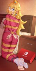 bed blonde_hair blue_eyes blush bondage brand_name_imitation earrings feet gag mario_(series) nintendo nintendo_switch princess_peach tape_bondage tape_gag tight_clothing torn_socks yuehei_dao