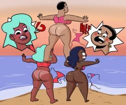 2d 3girls alex_(magical_girl_friendship_squad) ass beach big_ass big_breasts bikini_top blush bottomless dark-skinned_female dark_skin embarrassed female female_only flo_(kid_cosmic) glasses huge_ass human_pyramid kid_cosmic_(series) large_ass linda_moog magical_girl_friendship_squad milf multiple_girls pop_goes rear_view ripped_bikini_bottom science! tagme_(artist) tanline tanlines teal_hair torn_bikini_bottom unknown_artist