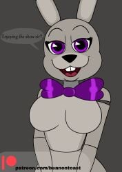 arms_down beanontoast big_breasts bowtie bunny bunny_ears bunny_girl bunny_teeth female five_nights_at_freddy's looking_at_viewer open_mouth purple_eyes rabbit rabbit_ears rabbit_girl rabbit_teeth rachel_(tnar) robot robot_girl self_upload smiling smiling_at_viewer solo speech speech_bubble text those_nights_at_rachel's wide_hips