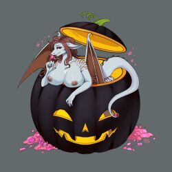 anthro ass breasts candy dessert dragon female food friddscat fruit halloween herm hi_res holidays intersex plant pumpkin smile solo tail tongue wings ych_(character)