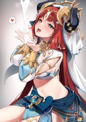 1girls absurd_res bangs blue_nails blush breasts cupping_hands female female_only genshin_impact green_eyes hair_ornament heart heart-shaped_pupils highres horns large_breasts long_hair long_sleeves nail_polish navel neck_ring nilou_(genshin_impact) open_mouth red_hair sidelocks solo suggestive_fluid sweat thighs togokaeri tongue tongue_out veil very_long_hair