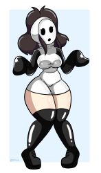 brainwashing brown_hair crossover daisy-pink71 female hilda_(pokemon) huge_ass implied_transformation large_breasts latex latex_clothing latex_gloves latex_stockings mario_(series) nintendo pokemon rubber rubber_clothing rubber_gloves shy_gal shygalization solo solo_female thick_thighs transformation wide_hips